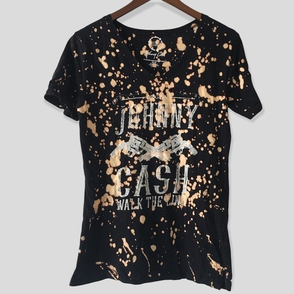 Project Karma Johnny Cash Homemade Bleached T-Shirt V-Neck Women's Black Size XS - Picture 1 of 6